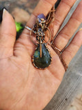 Labradorite and Amethyst Crystal Crow Skull Necklace