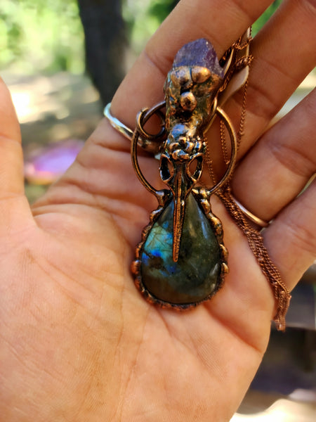 Labradorite and Amethyst Crystal Crow Skull Necklace