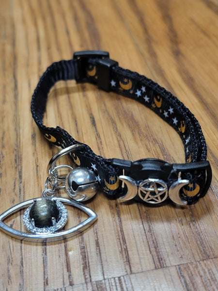 Obsidian evil eye triple moon cat collar (silver)